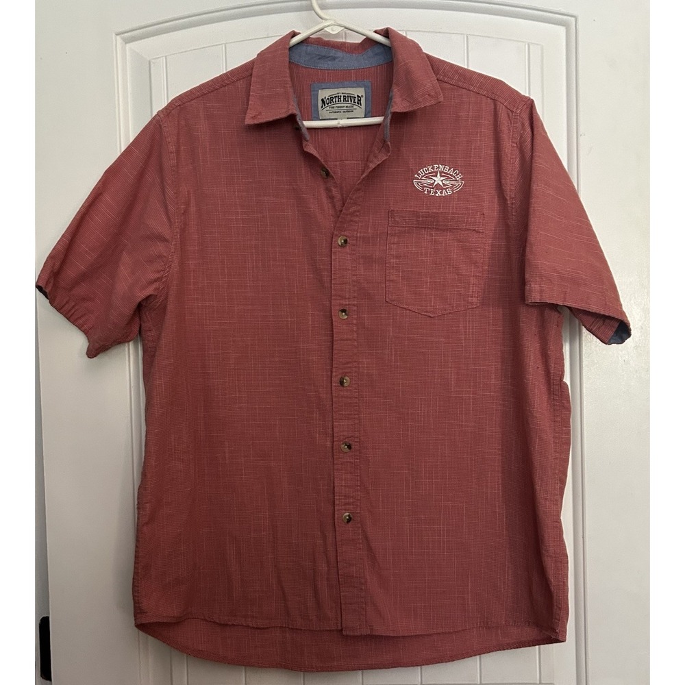 North River Men's  Large Short Sleeve Button‎ Up Red. Luckenbach, TX Embroidery